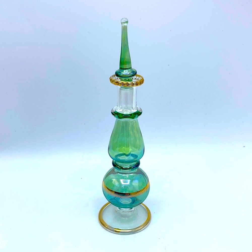 🐈‍⬛~ Egyptian Perfume Bottle Handmade Blown Glass, 4” GREEN GOLD Essential Oil